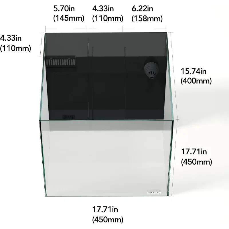 45P 20 Gallon Ultra Clear All Glass Rimless Low Iron Aquarium Tank with Rear Filtration Chamber(Return Pump Included)for Salt