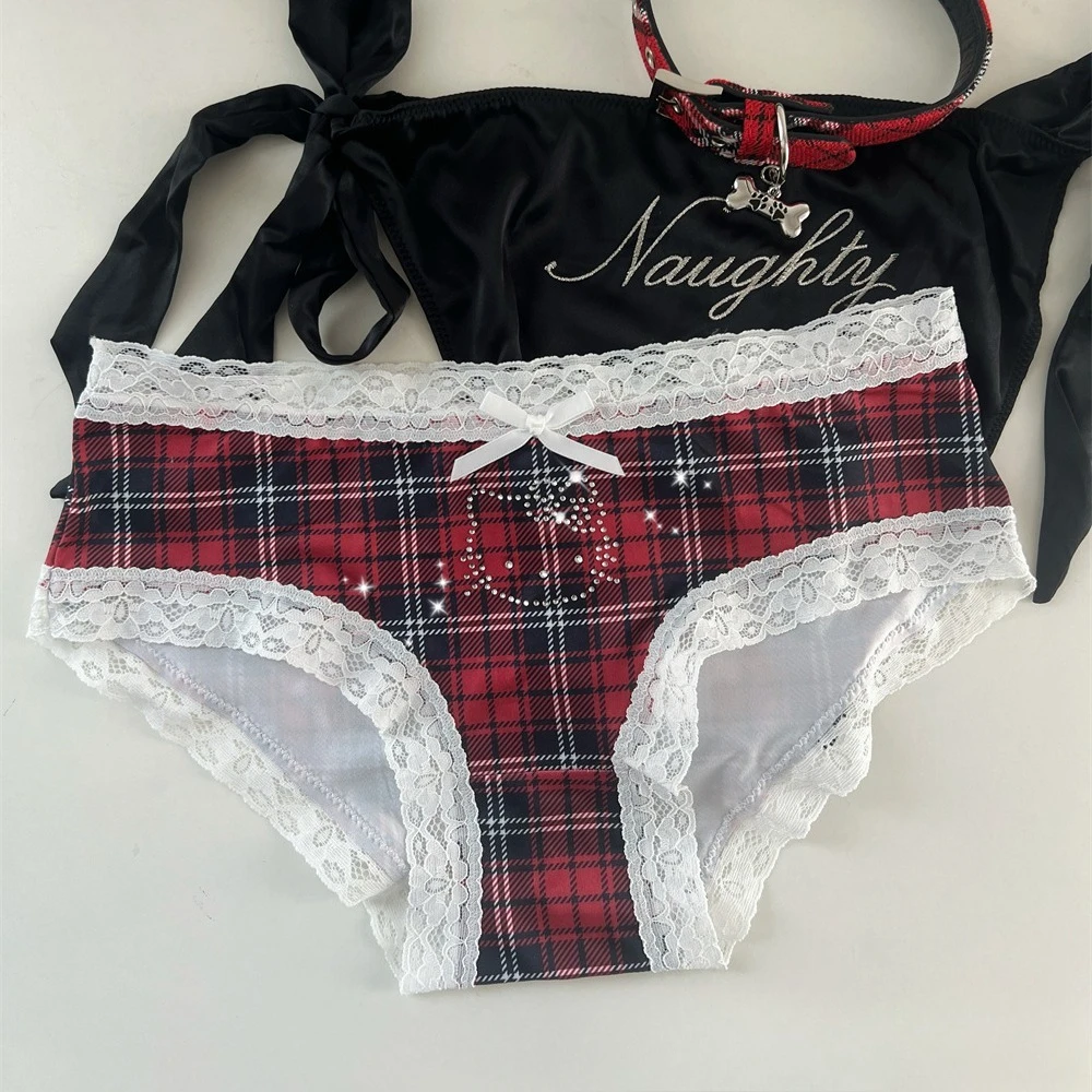 

Sexy Lace Rhinestone Kitty Women Underwear Hot Campus Sweet Pure Desire Checkered Panty
