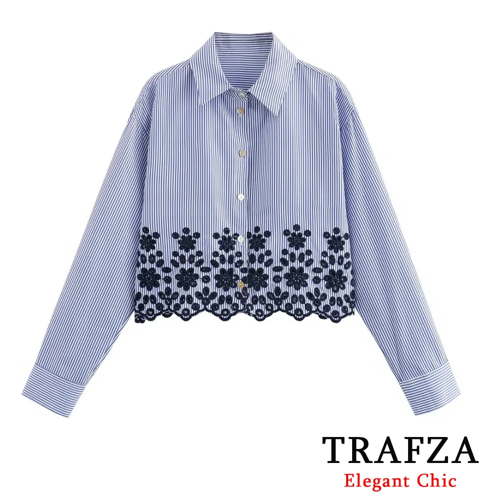 TRAFZA Elegant Luxury Embroidered Striped Shirt Women's Buttons Lapel Shirts New 2024 Spring Summer Fasion Holiday Shirt