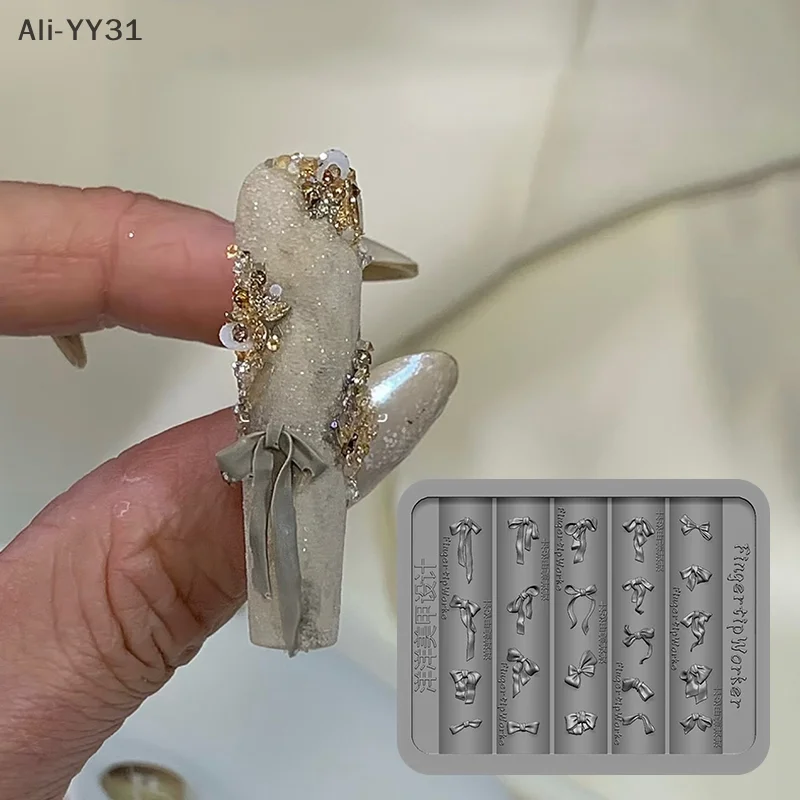 Molde de silicona para uñas con lazo 3D, cinta con forma de tamaño mixto, placas de estampado suave, pajarita Kawaii, herramientas de molde artístico para manicura DIY