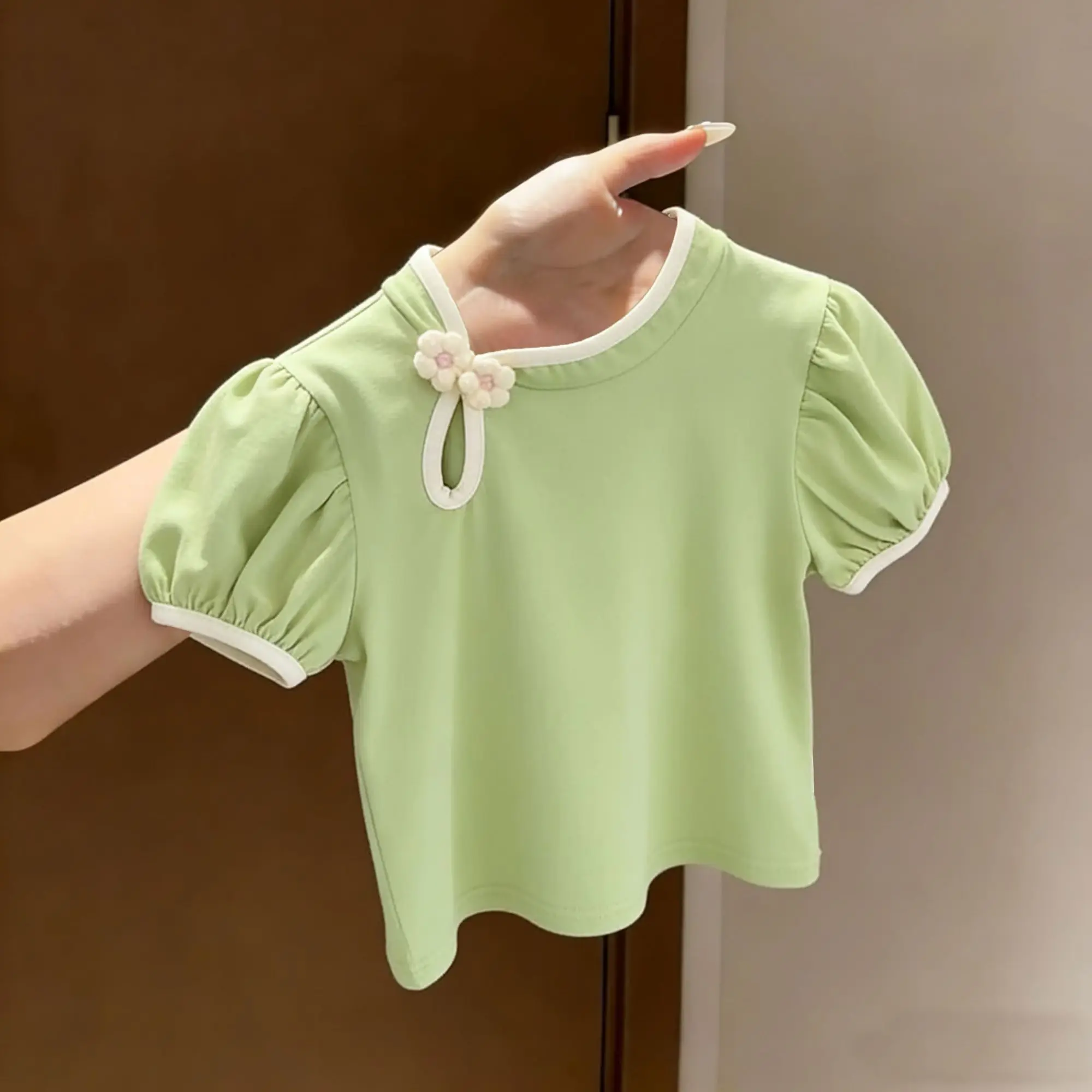 Middle Young Girls Cotton Set Summer Baby Girl New Chinese Frog Button Short Sleeve Stylish Floral Shorts Two Piece Set