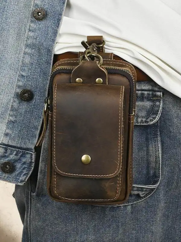 Crazy horse leather fanny pack, first layer cowhide outdoor belt, mobile phone diagonal span cigarette case bag