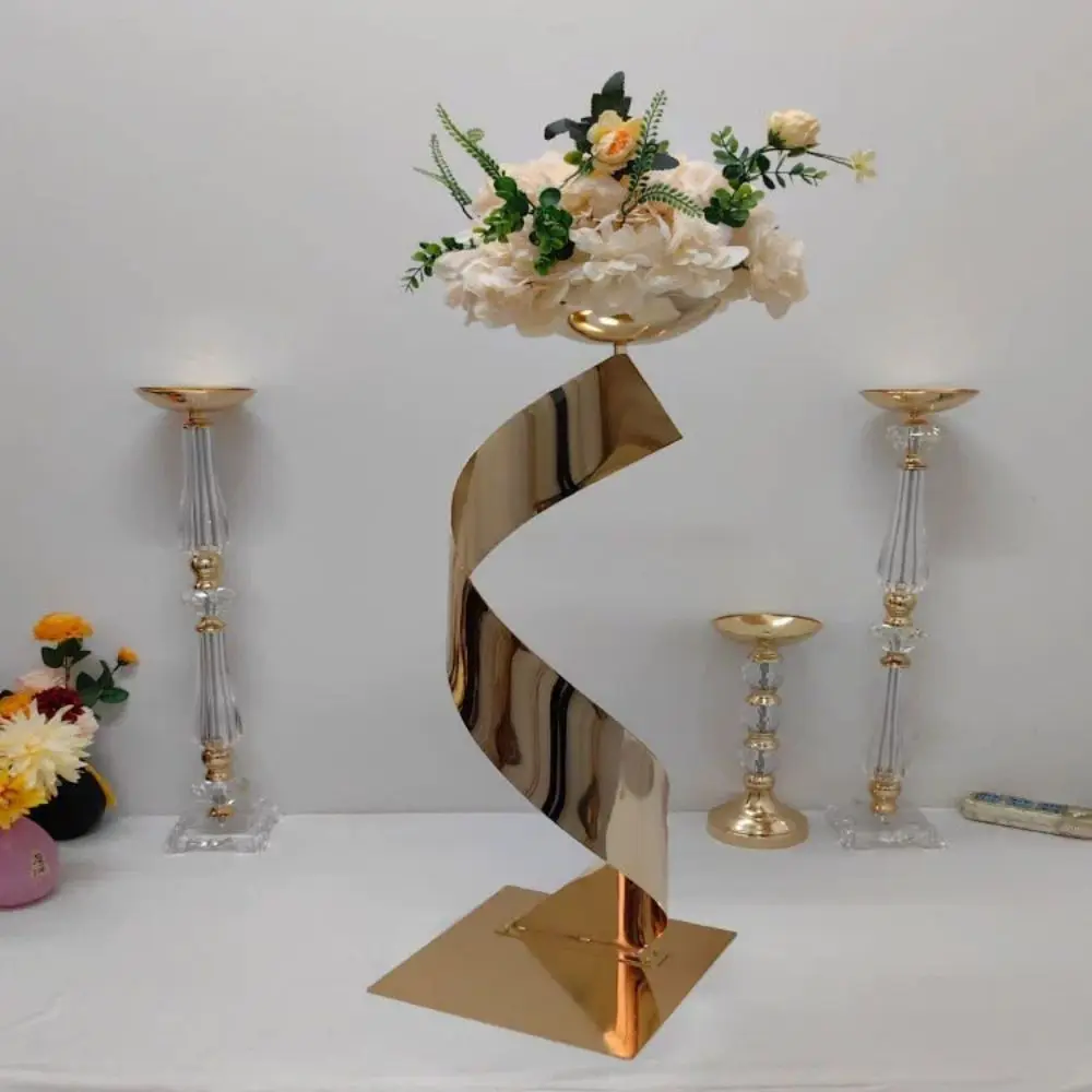 

European Flower Stand Electroplated Gold Metal Spirl And 80cm Height Vase Table Centerpiece Floral Ornaments Wedding Decor