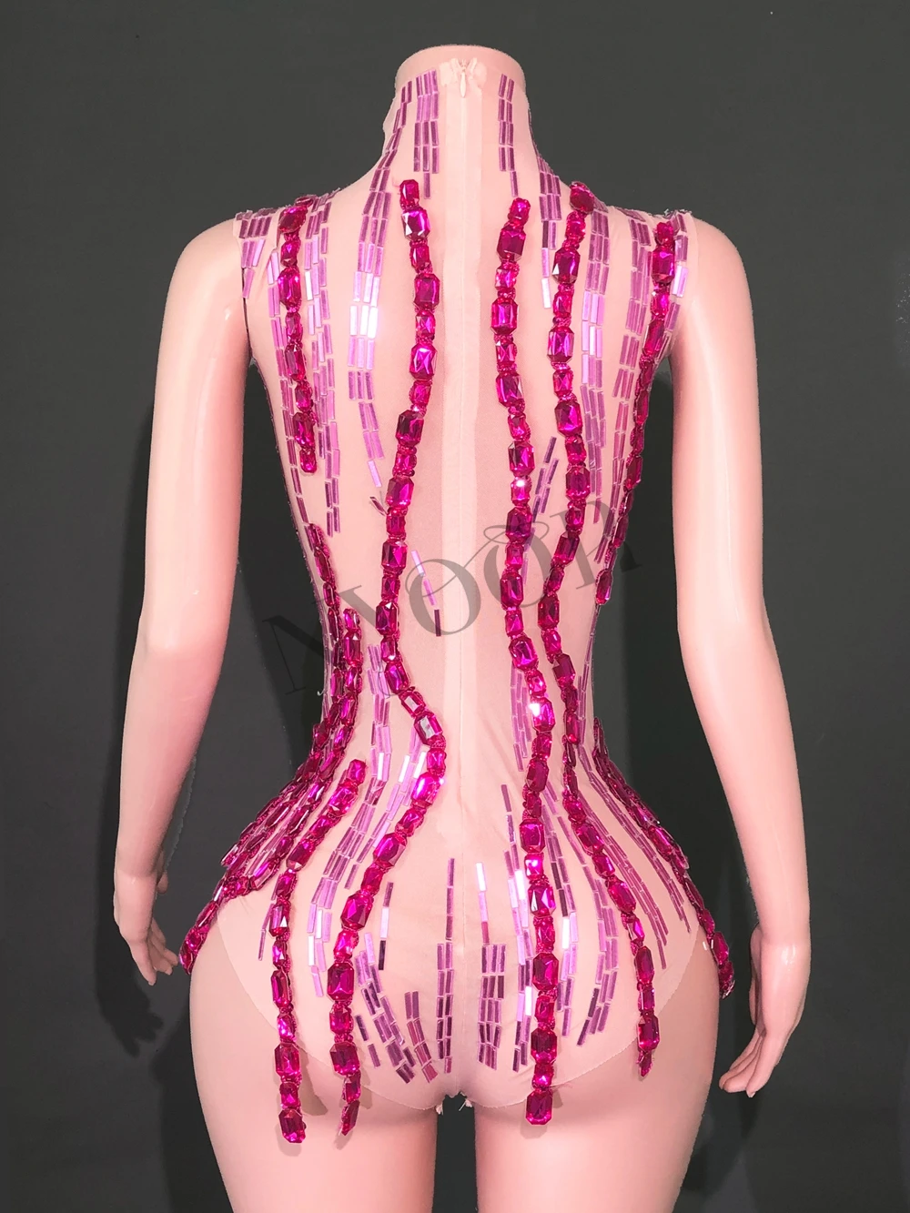 بدلة للجسم بمرايا مرصعة بأحجار الراين اللامعة للنساء، شبكة مثيرة وشفافة بدون أكمام، ملابس رقص لمرحلة الراقصة