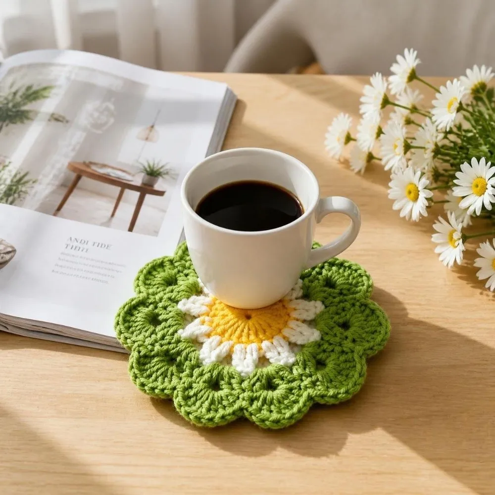 Knitted Crochet Flower Coasters Heat Resistant Handmade Trivet Mats Home Decor Non Slip Coffee Cup Mat Coffee Cup Use