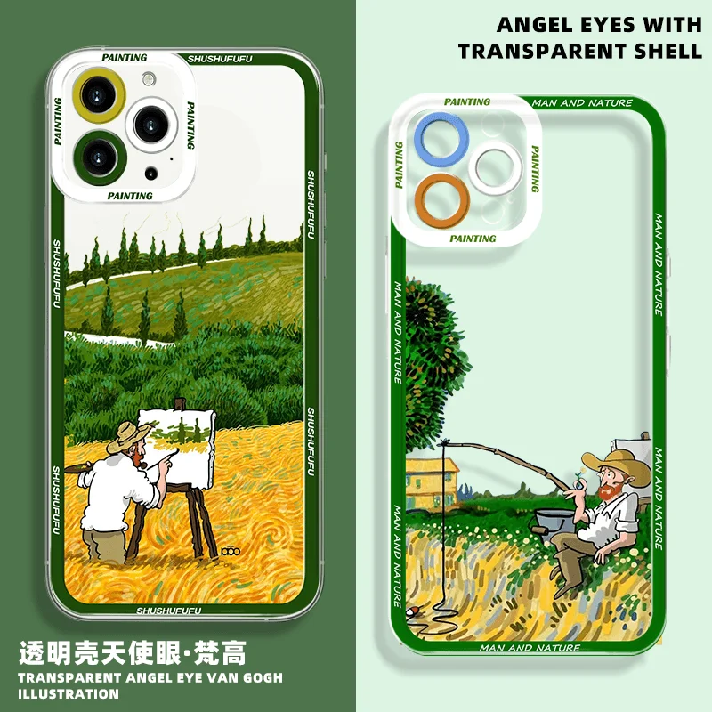 For Coque iphone 11 12 13 14 15 Pro Max X XR XS 15PLUS Fashion Vintage Van Gogh Oil Painting Scenery Clear Phone Case Back Cover