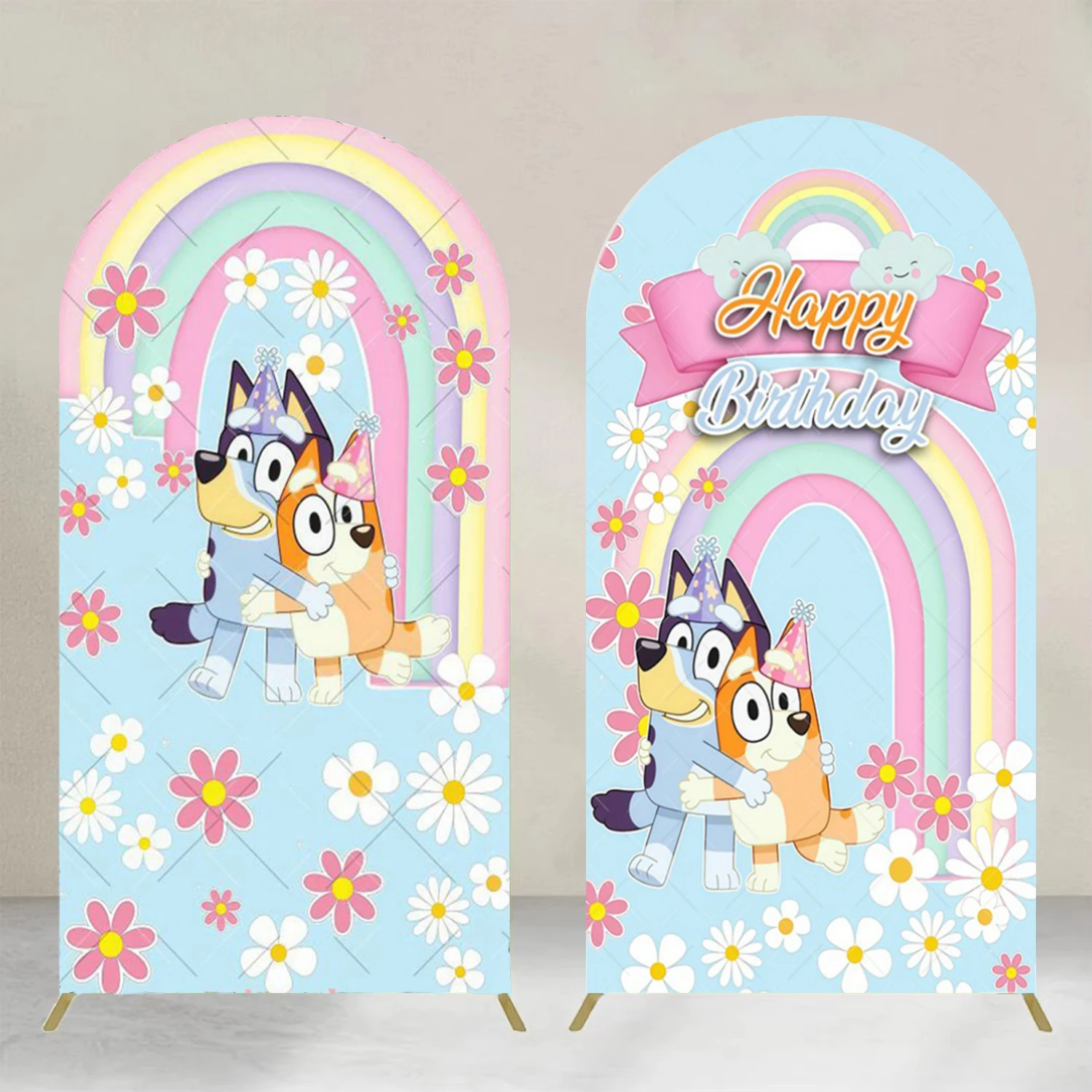 Housse de toile de fond Bluey en tissu élastique, motif fleurs bleues et roses, fond arc-en-ciel, pour fête d'anniversaire de fille, décoration de baby shower