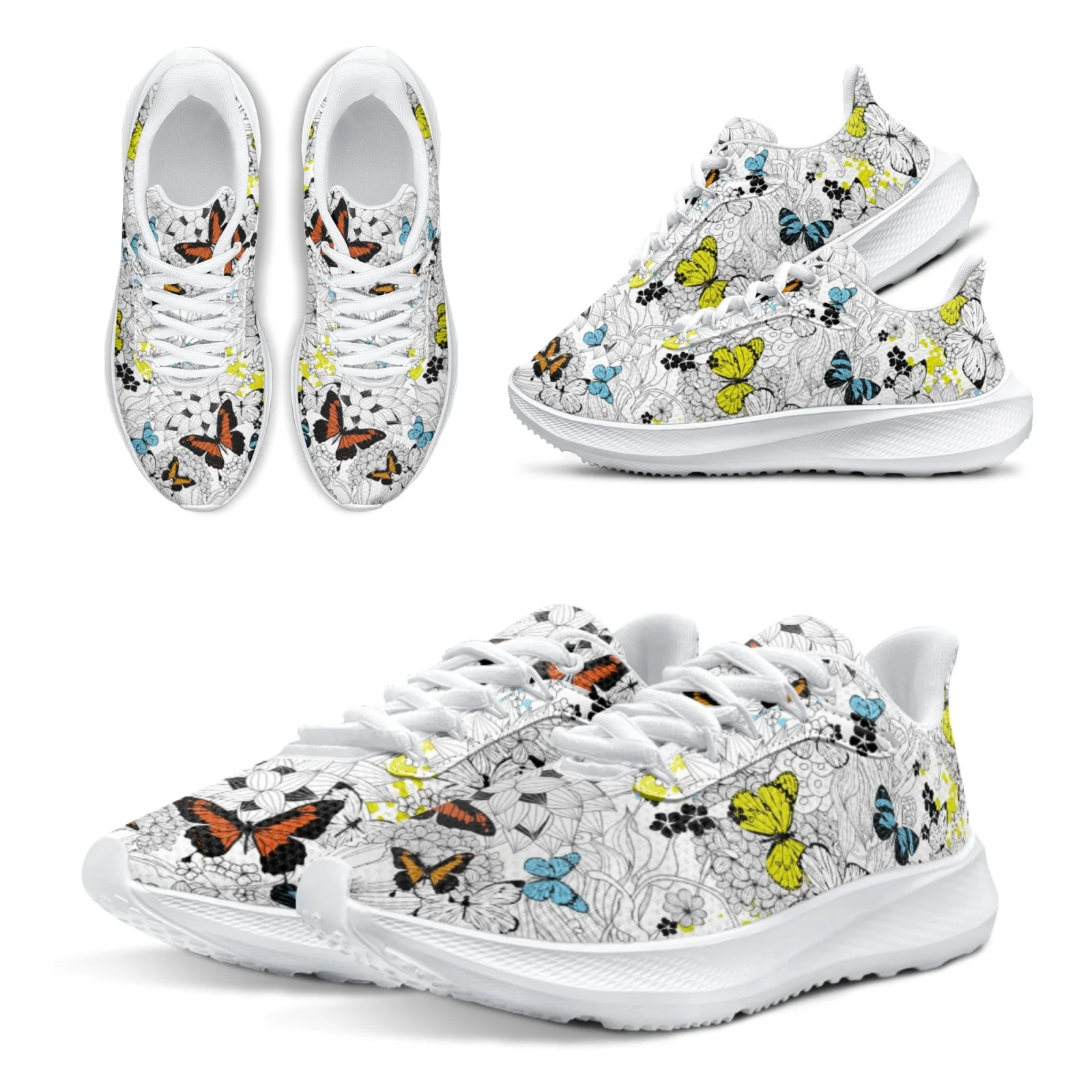 INSTANTARTS Monarch Butterfly Running Shoes Butterfly Designer Fitness Sneakers Boho Floral Girls Tennis Shoes White Sneakers