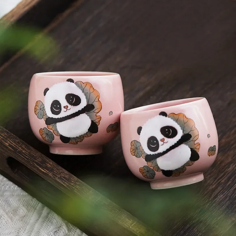 Jingdezhen hand-painted pink teacup, cute red panda lotus leaf tea master cup, Chinese ceramic single cup