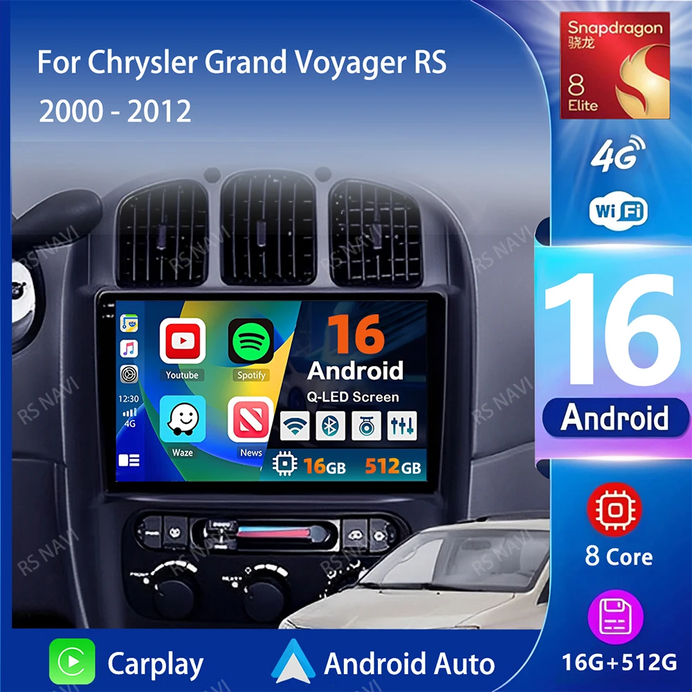 Radio para Auto Android 16 con wifi+4G y Carplay para Dodge Caravan 4 y Chrysler Grand Voyager RS 2000-2012, Navegación GPS, Estéreo Multimedia