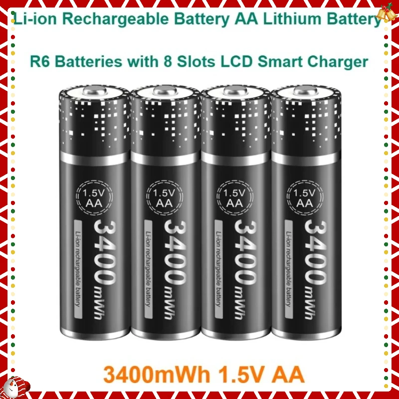 

3400mWh Li-ion Rechargeable Battery AA Lithium Battery R6 Batteries with 8 Slots LCD Smart Charger High Capacity 1.5V AA Digital