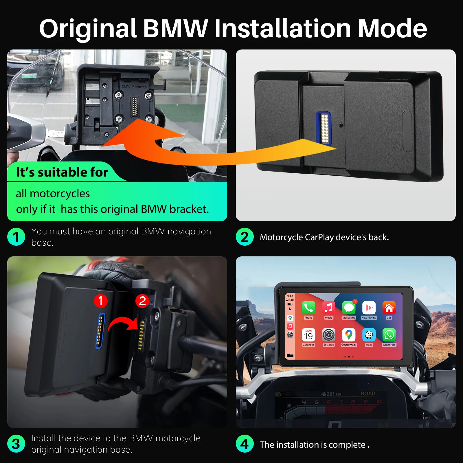 Layar Navigasi GPS Tahan Air IP68 6 Inci untuk Sepeda Motor BMW dengan CarPlay & Android Auto, Plug & Play dengan Bluetooth 5.0 Ganda