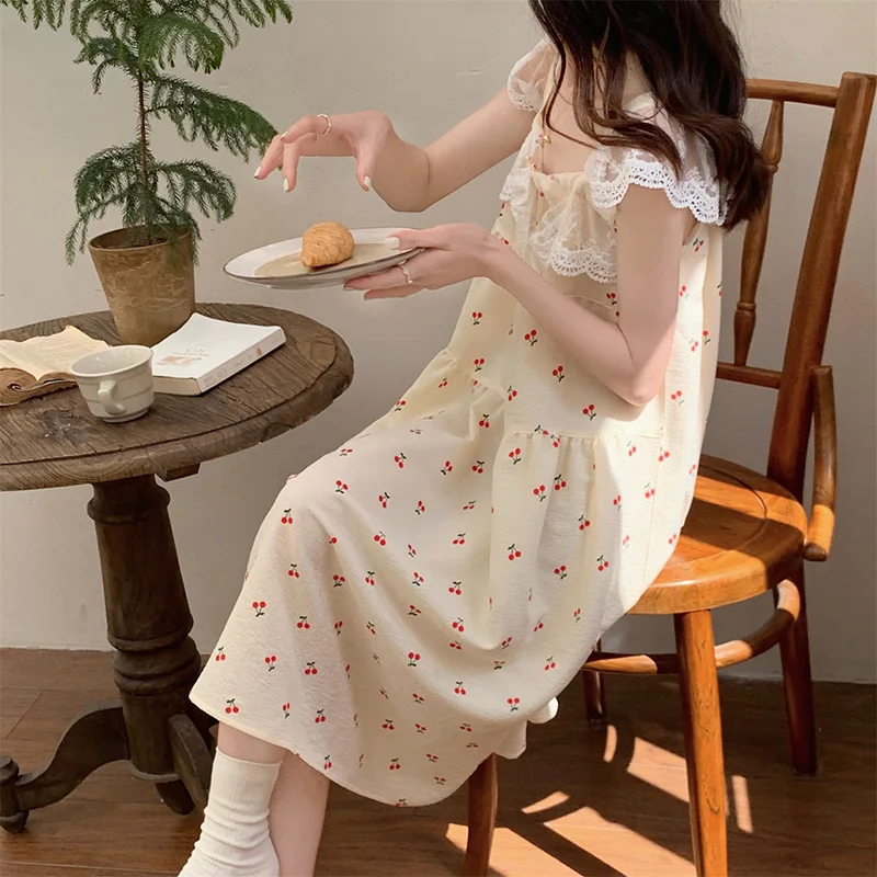 Cherry Lace Summer Loose Print Sleeveless Suspenders Casual Home NightDress Women Kawaii Ins Elegant Comfortable Princess