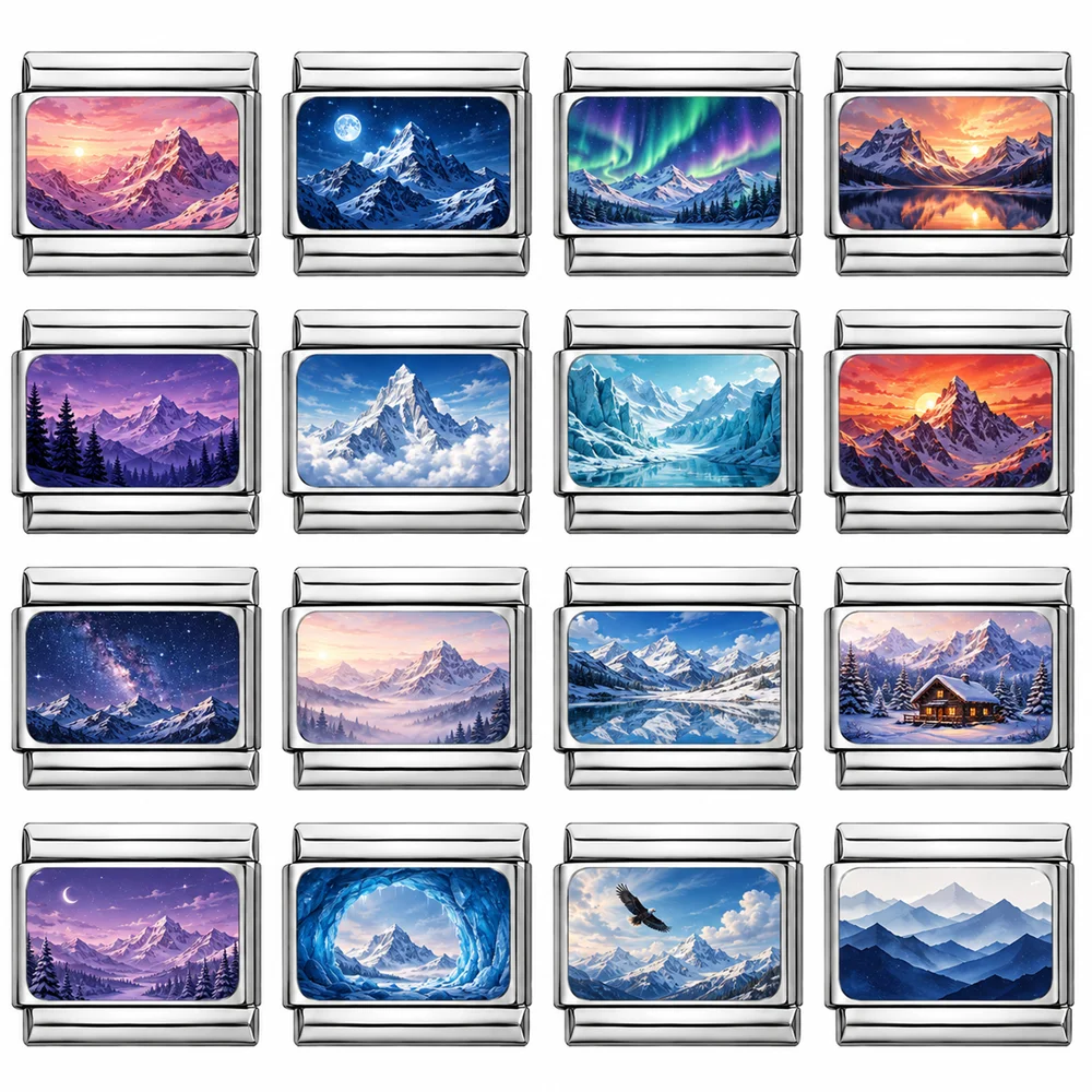 Northern Lights Print Mountain Landscape Italian Charm Links Fit 9mm Stainless Steel Bracelet Women Jewelry DIY Making