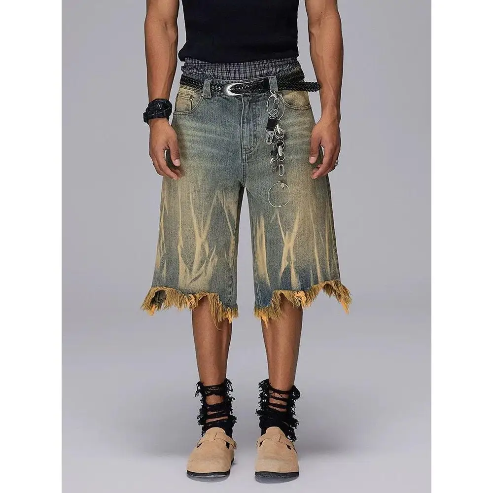 Summer Men's Edge Design Tie Dye Denim Shorts Vintage Casual Young Boy Wide Leg Bottom Male High Waist Mid-length Pants