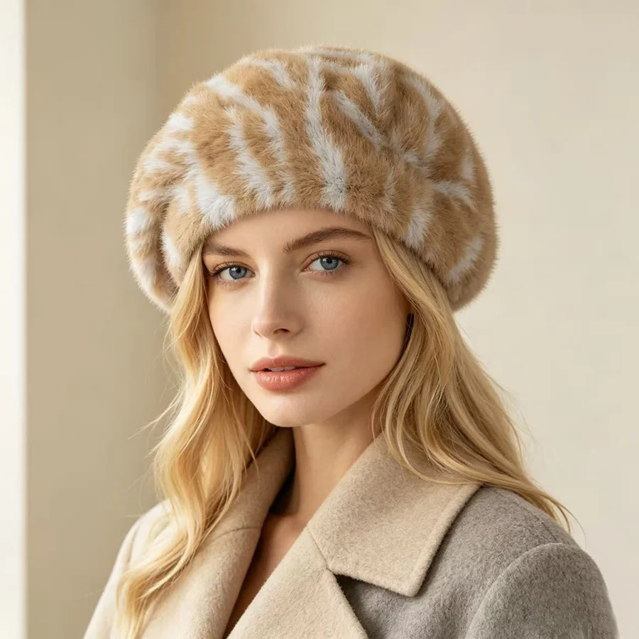 Faux Fur Beret Hat Autumn Winter Warm Berets Hat Zebra Pattern Striped Knitted Berets Cap Retro Artist Hat Lady Plain Cap