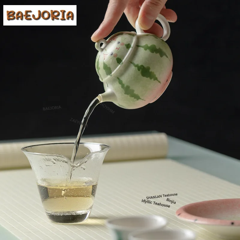 BAEJORIA Creative Cat And Watermelon Tea Set Complete Set Aesthetic Tea Ceremony Set Teapot And Tea Cup Set Teaset Ornaments Cha