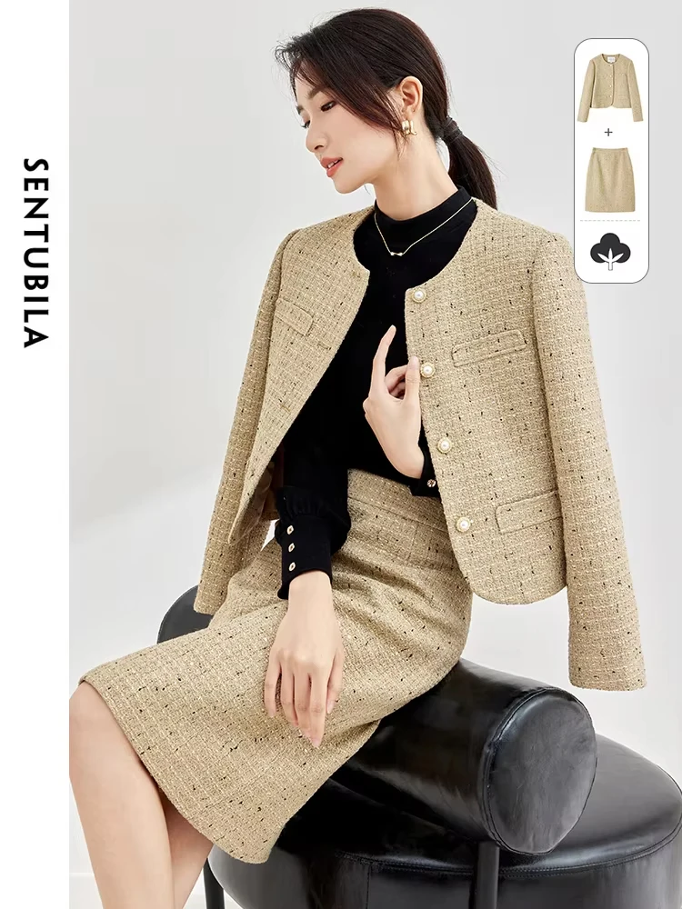 

SENTUBILA Elegant Tweed Skirt Two Pieces Sets Women 2025 Autumn Round Neck Single Breasted Jacket Mini Skirts Outfits 133Z51615