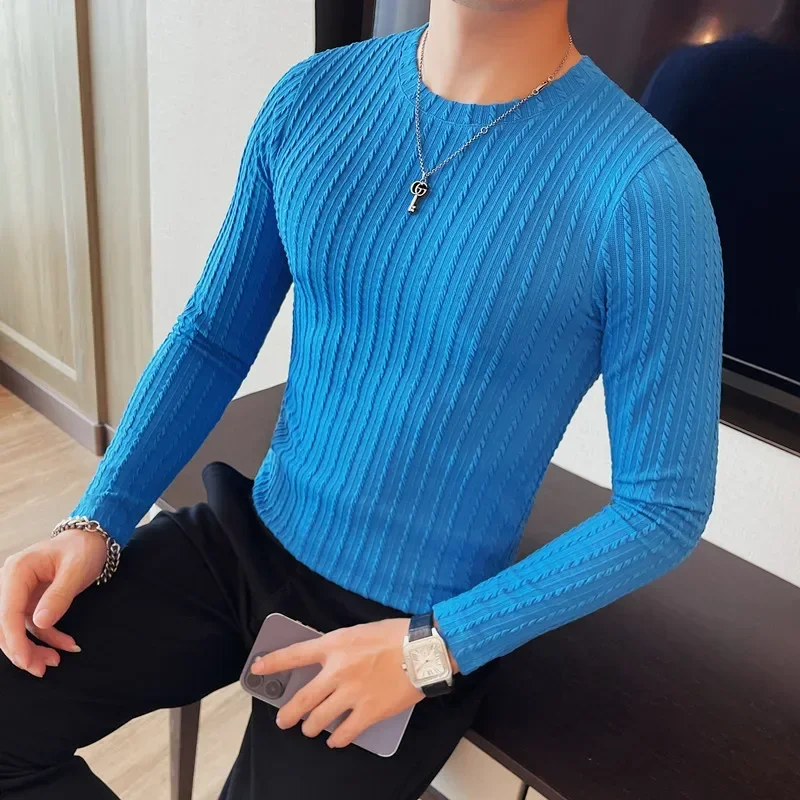 Men\'s Stripe T-Shirt Autumn Winter New Long Sleeve T Shirts For Men Clothing Round Collar Slim Fit Casual Tee Shirt Homme 4XL-M