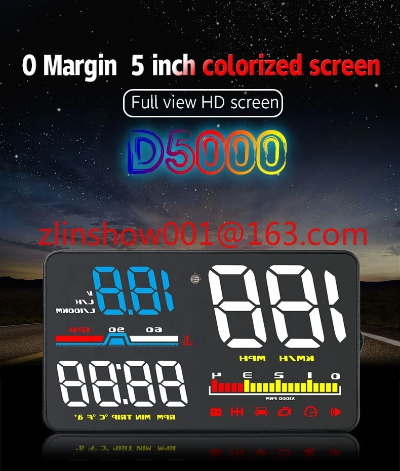 

D5000 Проекционный дисплей OBD2 HUD Светодиодный универсальный многоцветный автоматический подогрев Сигнализация Скорость Напряжение Об/мин Спидометр Лобовое стекло HUD