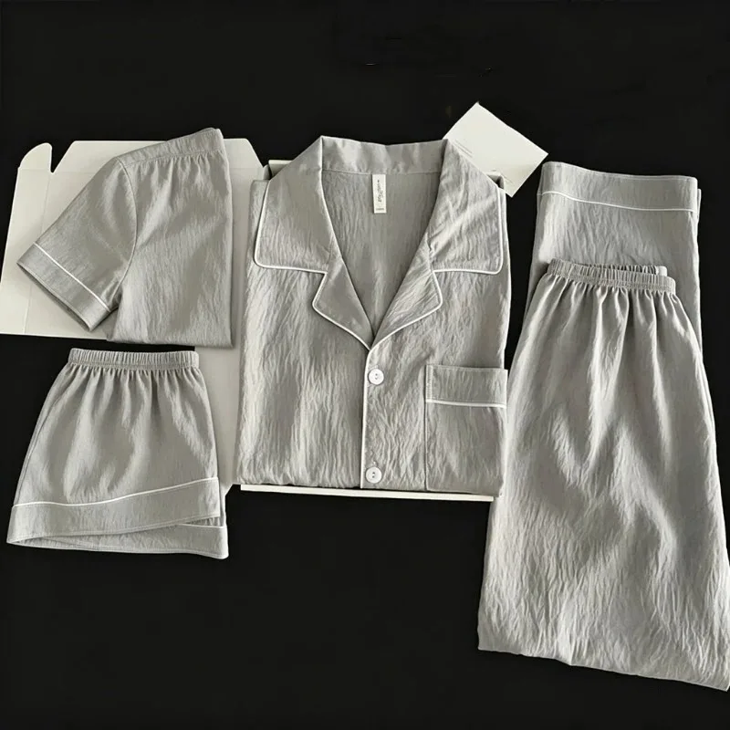 Men's 3-Piece Pajamas Set Solid Color Short Sleeve Top Elastic Waist Pants Soft Casual Summer New Sleepwear Home Loungewear