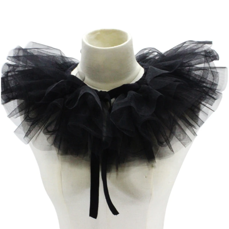 ผู้หญิง Victorian Ruffled ตาข่ายปลอมคอผ้าคลุมไหล่ Vintage Layered Tulle ที่ถอดออกได้คอ Ruff ตกแต่ง Clown Choker