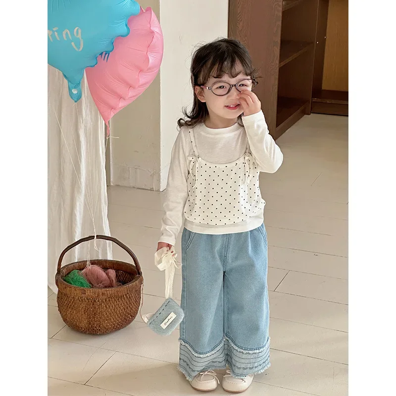 Girls Spring Wear Wave Point Fake Two Piece T-shirt 2025 Children Wear New Bottom Shirt Girls Baby Bow Long Sleeve Top