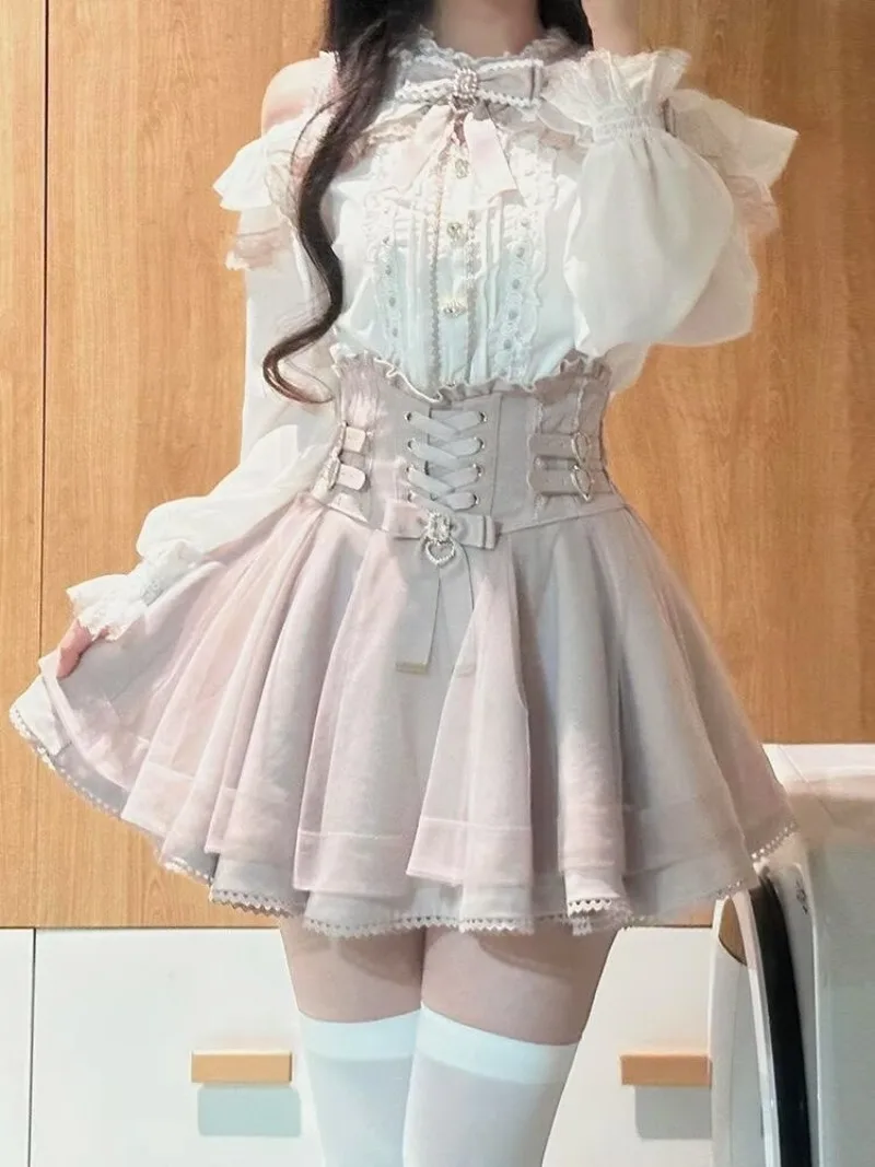 Sweet Lolita Girls Chic Design Bow Lace Splicing Off The Shoulder Shirts+High Waist Skirt Sets Spring Autumn New Women Clothing