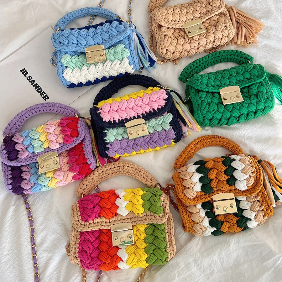 Imagem -04 - Handmade Woven Tassel Handbag para Mulheres Knitting Wool Shoulder Bolsa Designer Crochet Crossbody Bags Cor Yarn Purses Novo