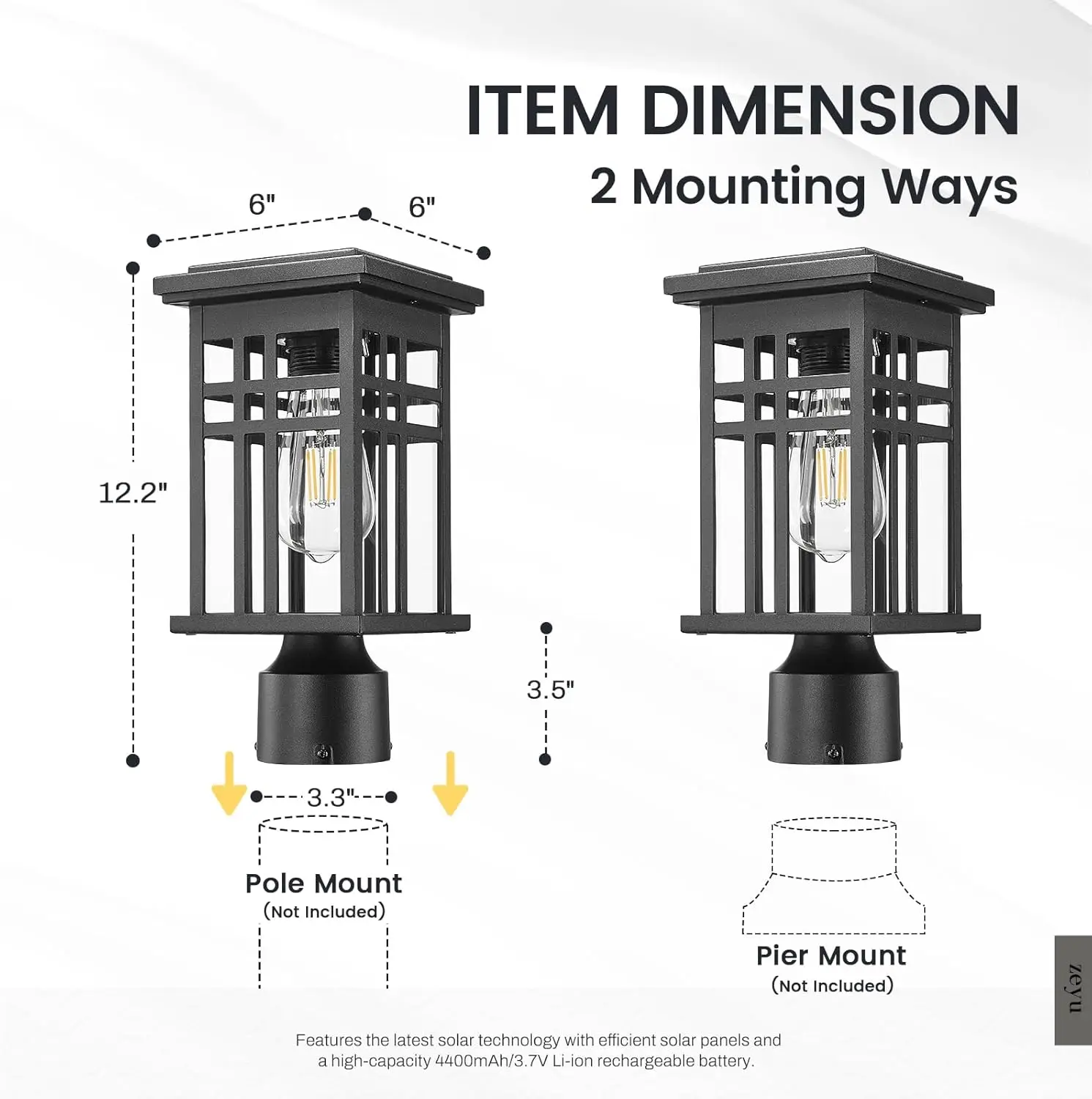 Poste de luz solar de 12 pulgadas, lámpara moderna para exteriores con control remoto, aluminio, acabado negro, vidrio transparente