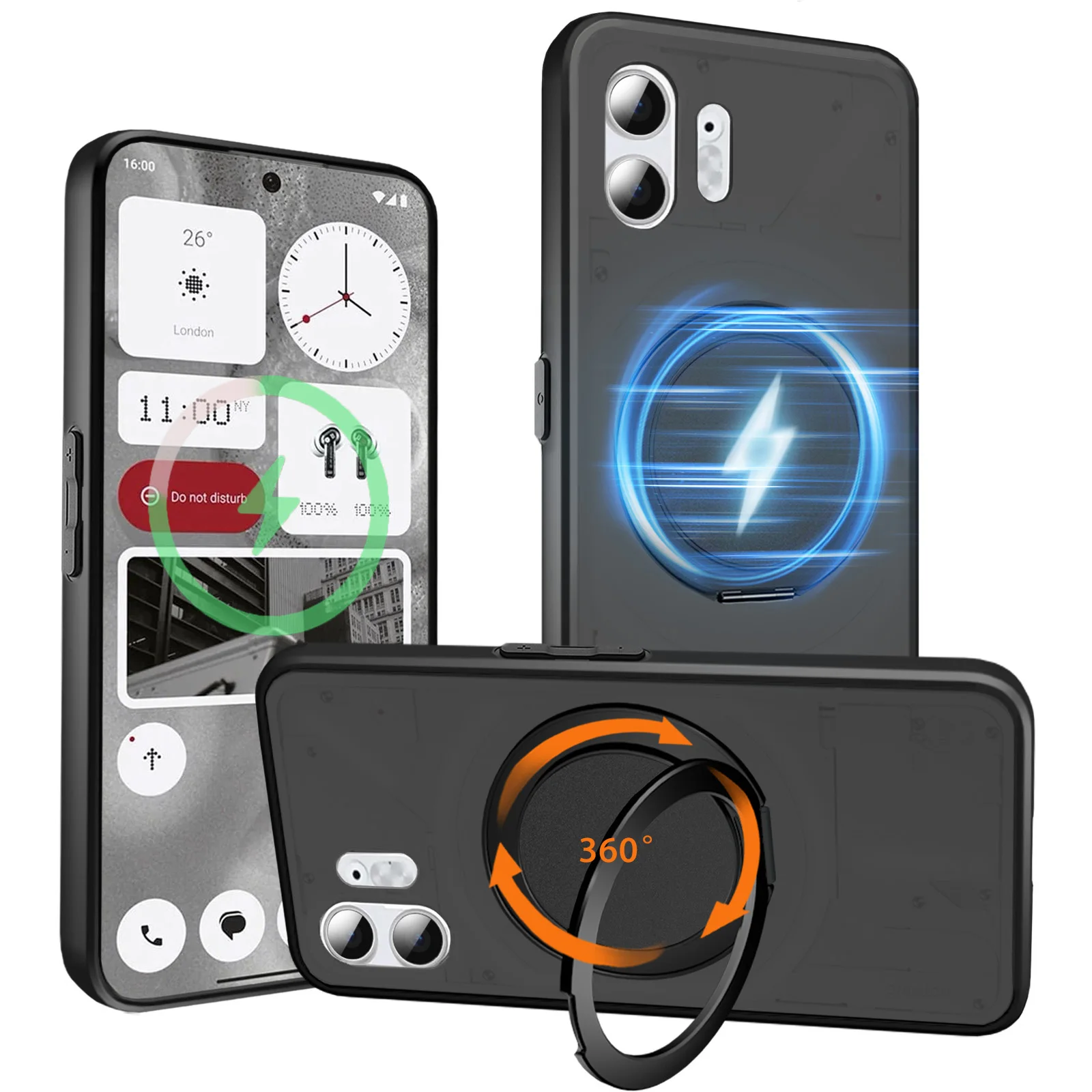 HARUINO Magnetic Case for Nothing Phone 2 Cover -Wireless Charger Compatible,360° Rotatable Ring Holder Stand, Anti Fingerprint