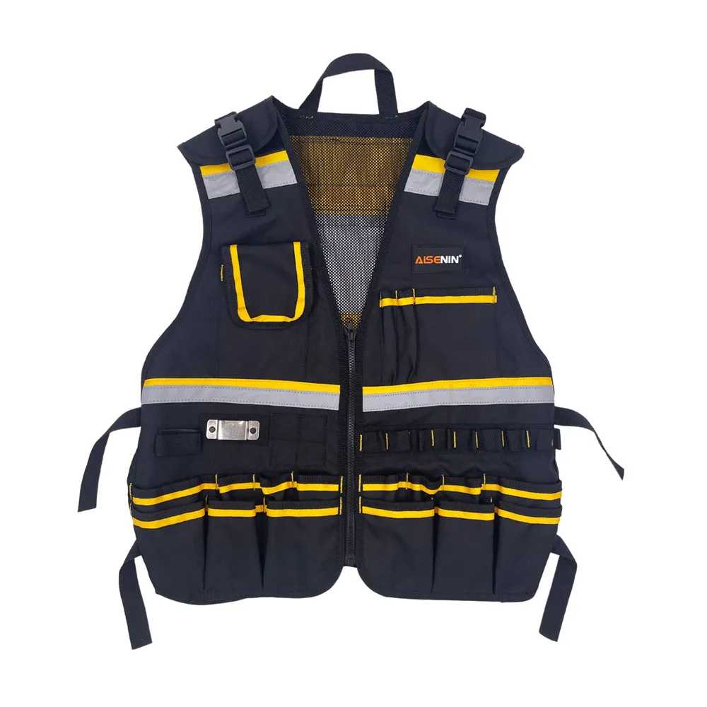 600D Oxford Cloth Tool Vest with Reflective Strips Tool Pockets Belt Loops and Adjustable Straps Duty Work Vest for Electrician