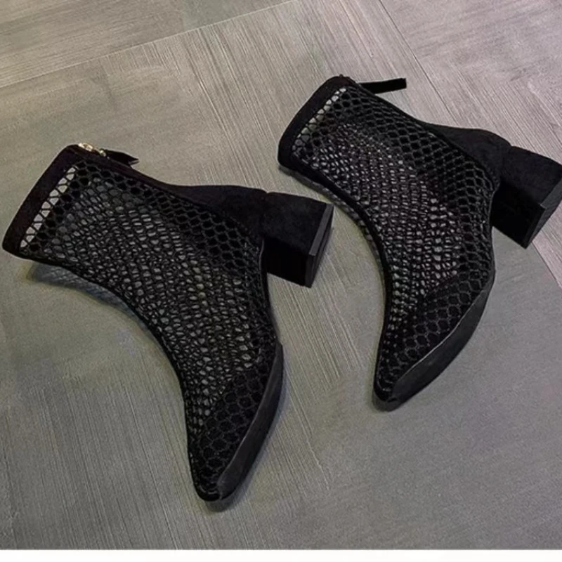 2023 New Air Mesh Net Bling Women Shoes Summer Ankle Boots Thin High Heels Sexy Sandal Chelsea Boots Female