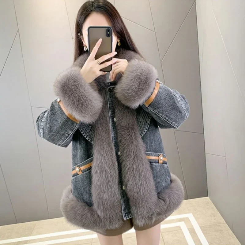 Fried Street Jeans Jackets Women Overcoat 2023 Winter New Long Edition Goose Down Jacket Big Fox Fur Collar Warm Fur Parker Coat