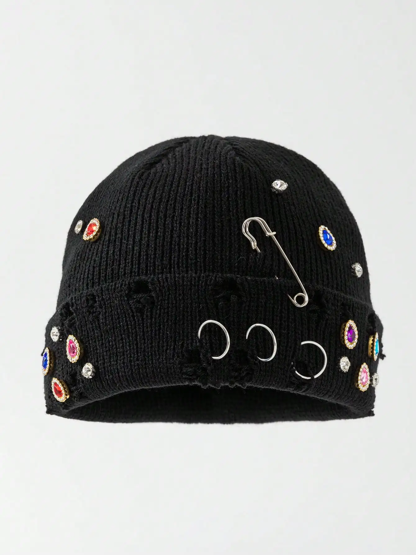 Men's Handmade Water Drop Heavy Embellished Distressed Pin Ring Knit Beanie Hat Autumn/Winter Daily Warmth Travel Outfit Beanies