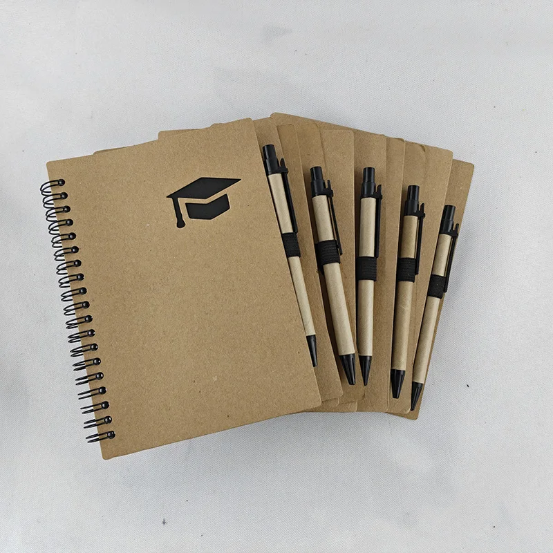 Kraft Notebook with Pen, Graduation Book with Customized Logo, 70 Sheets 80gsm Recycled Lined Paper