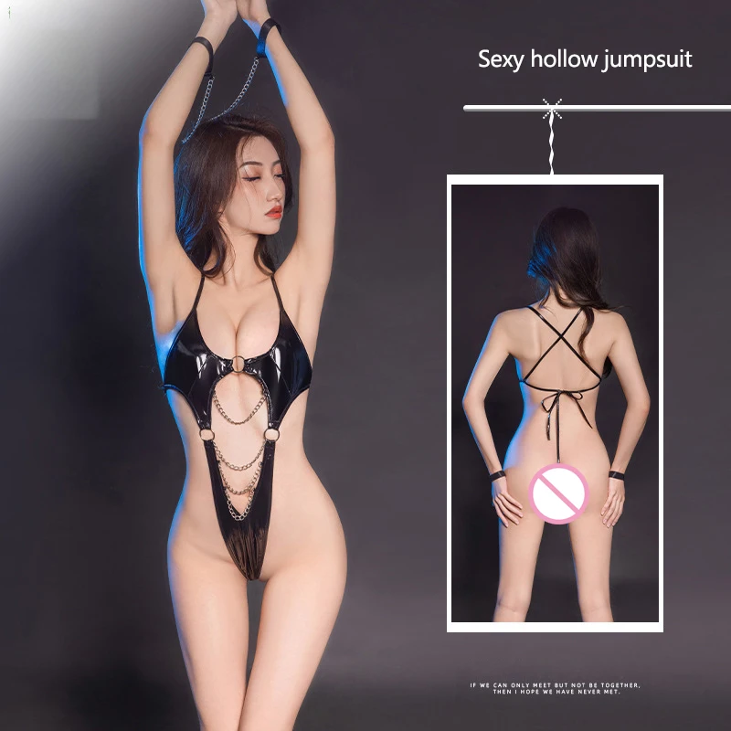 Erotic Women's Jumpsuit PU Chain Adult SM Uniform Couple Game Flirting Leather Bodysuit Bind Backless Porn Costume Sexy Shopping