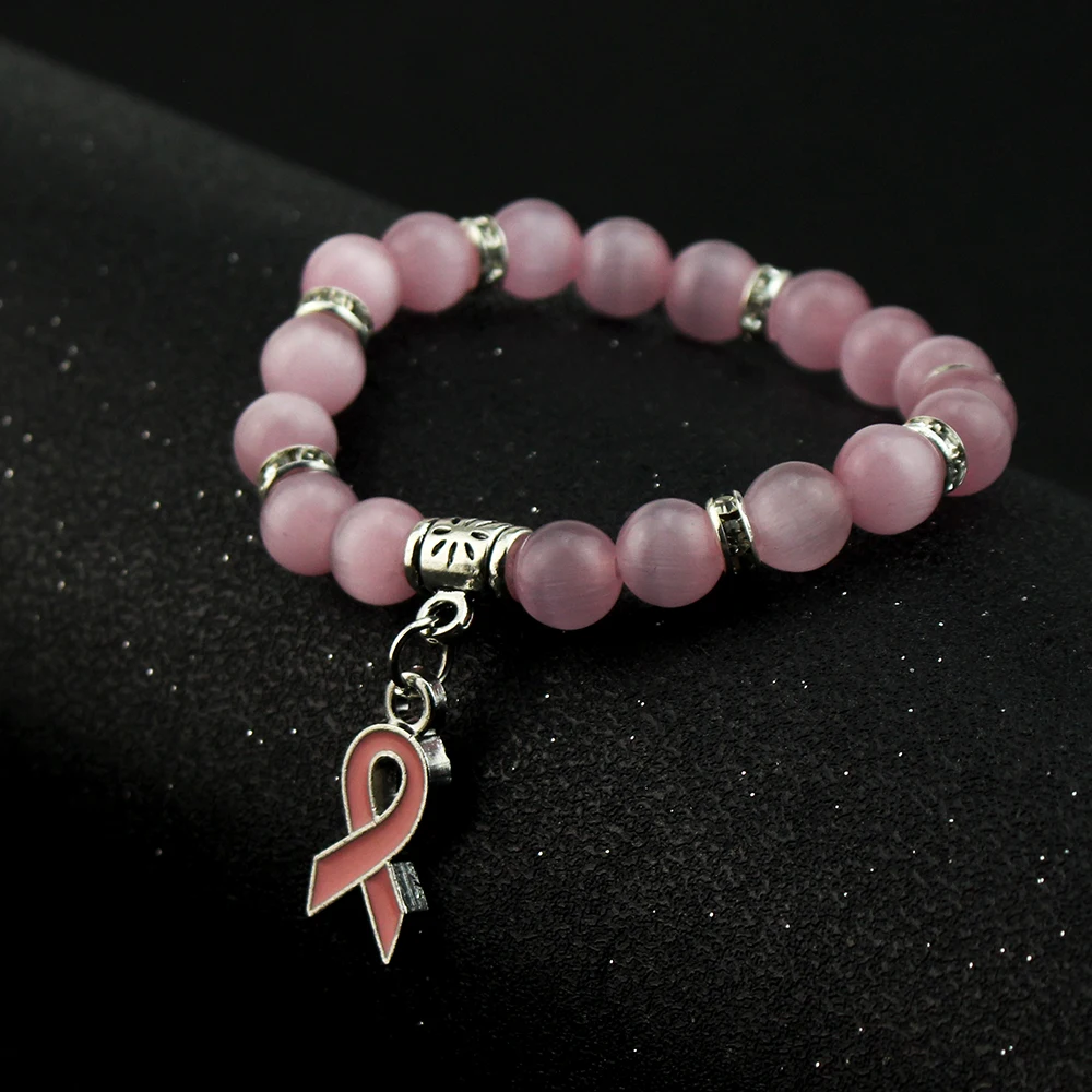 Natural Pink Quartz Bracelet Breast Cancer Awareness Pink Ribbon Pendant Charm Bracelets For Women Bangles Fashion Cute Jewelry