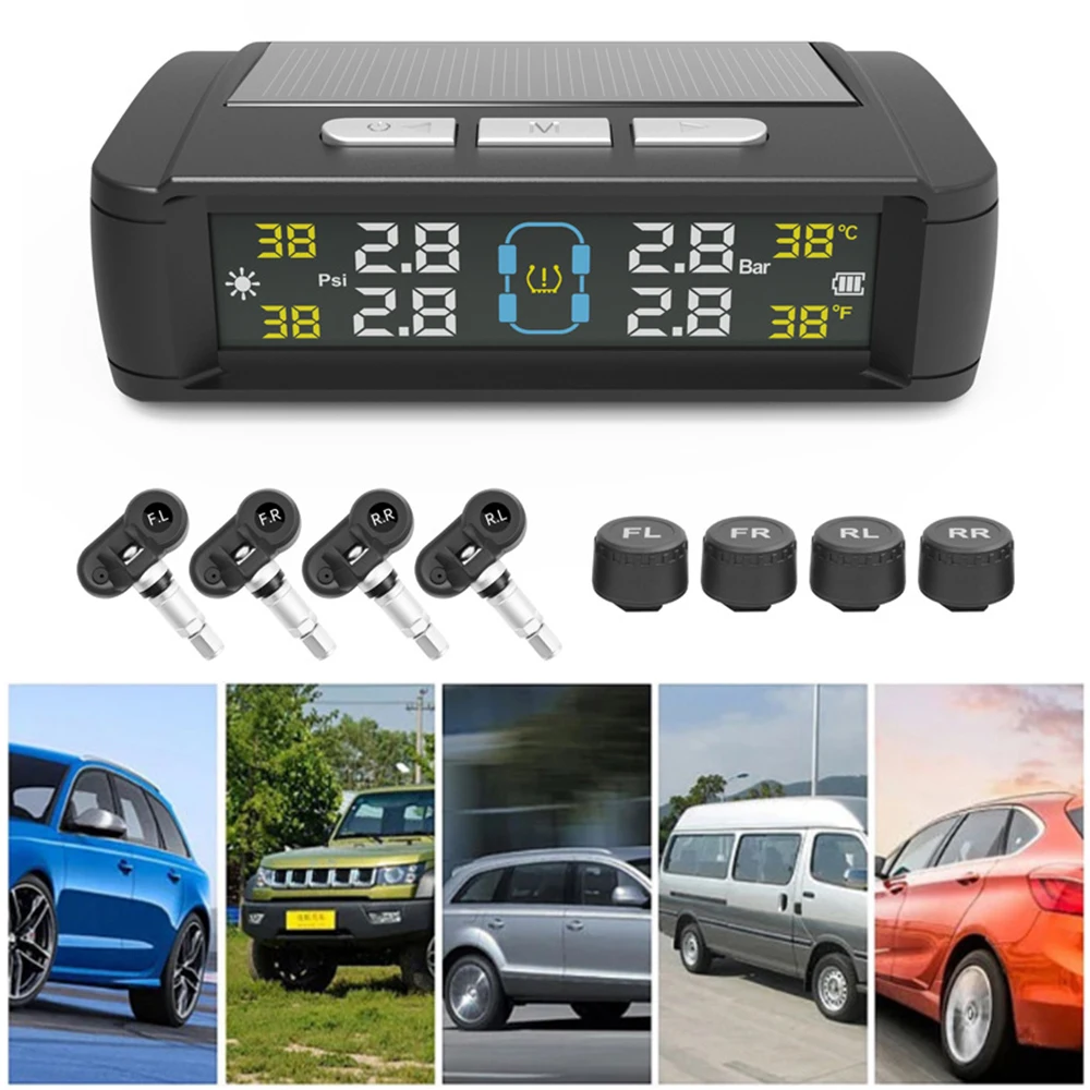 Système de surveillance automatique de la pression des pneus, TPMS, alimenté par l'énergie solaire/USB, systèmes d'alarme de sécurité automobile, moniteur de température des pneus, 4 capteurs