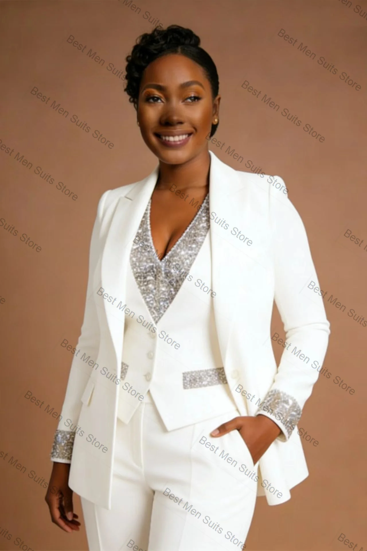 

3 Pcs White Women Suit Set Blazer Vest Pants Trousers Crystals Cotton Formal Office Jacket Customized Wedding Tuxedo Guest Coat