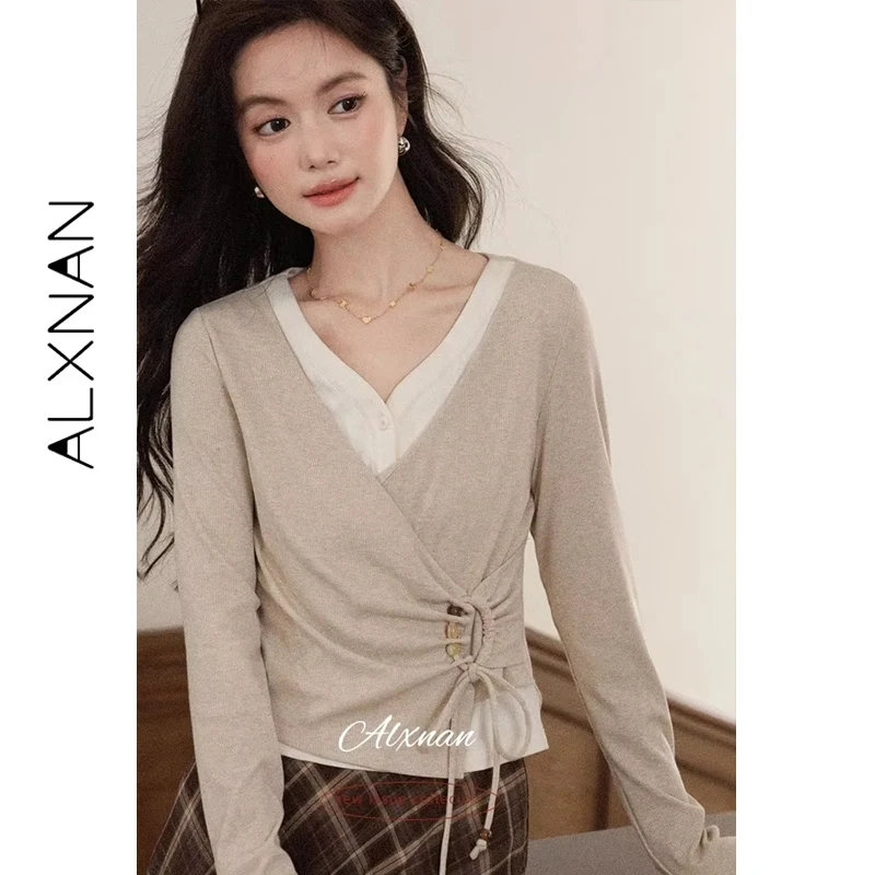 ALXNAN T-shirt a maniche lunghe da donna Design asimmetrico Coulisse Cravatta Dettaglio Autunno Nuovo scollo a V Ritagliata Falsa Top in due pezzi L569112