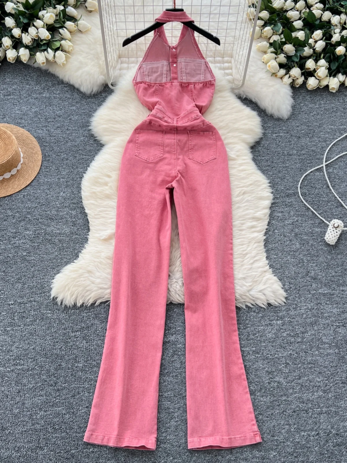 

Summer New High Waist Slim Fit Retro Korean Sle Pants Single Button Collar Hanging Ne Bal Denim Jumpsuit