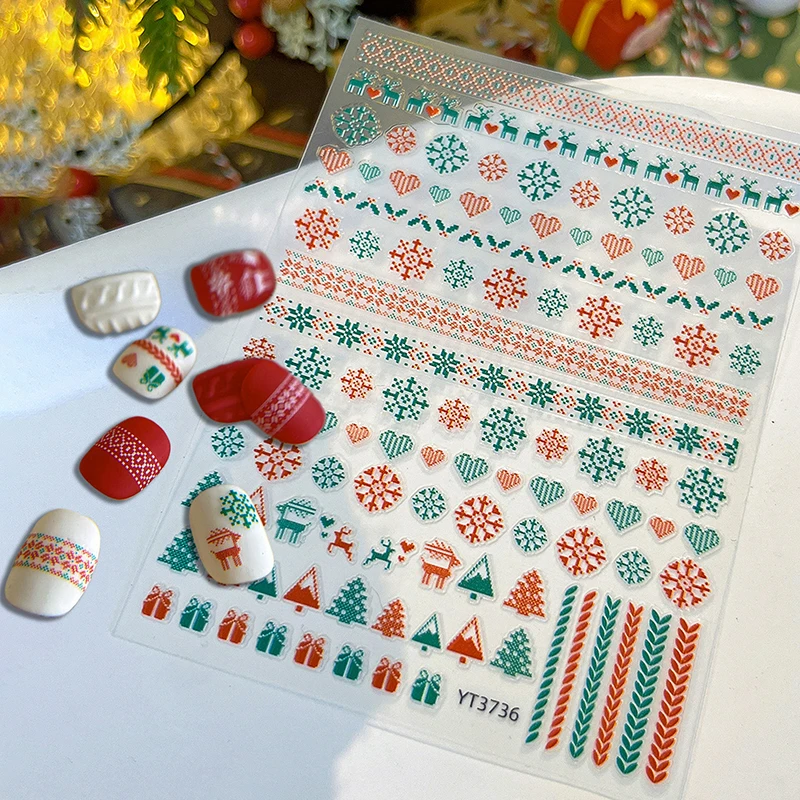 Christmas Snowflake สติ๊กเกอร์เล็บลายนูนลูกไม้ Elk สติกเกอร์กาว Transfer ตกแต่งเล็บ Slider Decals