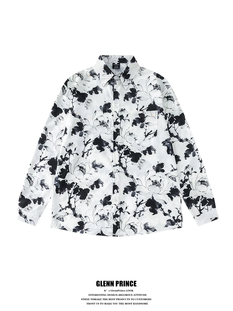 

Loose Long Sleeve Men's Shirt Vintage Ink Floral Print Retro Style Casual Breathable Polyester Cotton Spring Autumn Wear