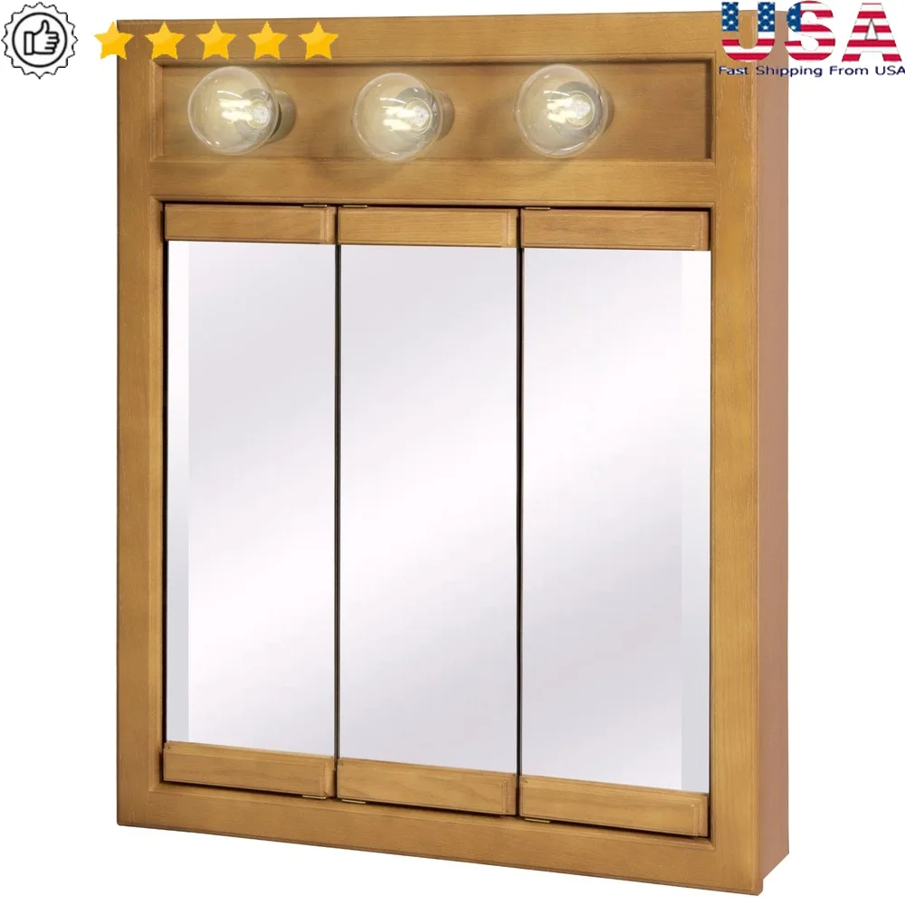 خزانة طبية بمرآة خشبية مثبتة على الحائط مقاس 24 بوصة مع 3 أضواء ورفين لتخزين الحمام بلمسة نهائية من خشب جوزة الطيب من خشب البلوط