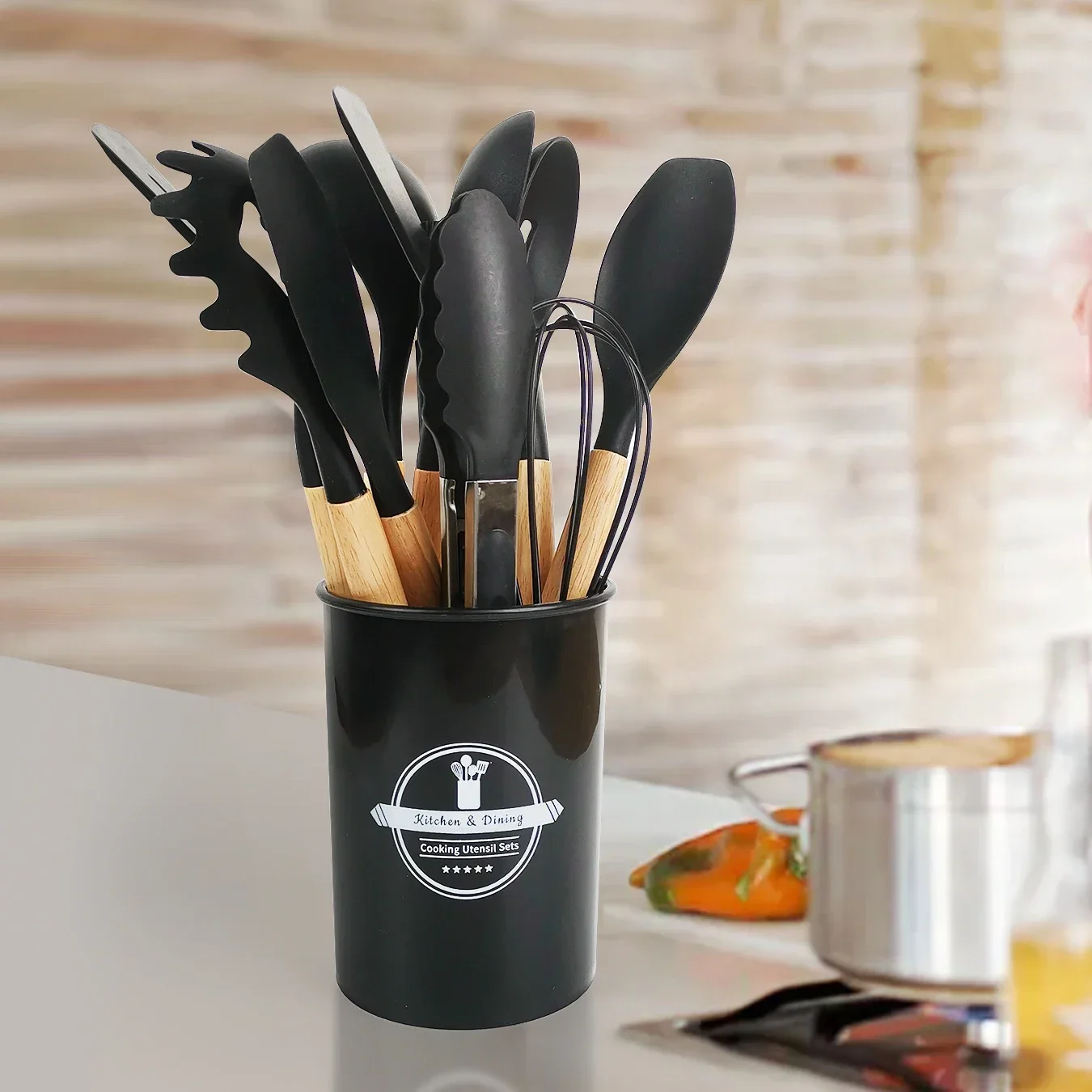 

12 Stuks Siliconen Koken Keukengerei Set Met Houder, Houten Handvatten Spatel Schop Soeplepel Kookgerei, non-stick Gadgets
