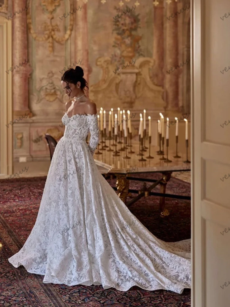 فساتين زفاف رائعة A Line فساتين زفاف براقة دانتيل زينة قبالة الكتف رداء Vestidos De Novia مخصص 2025