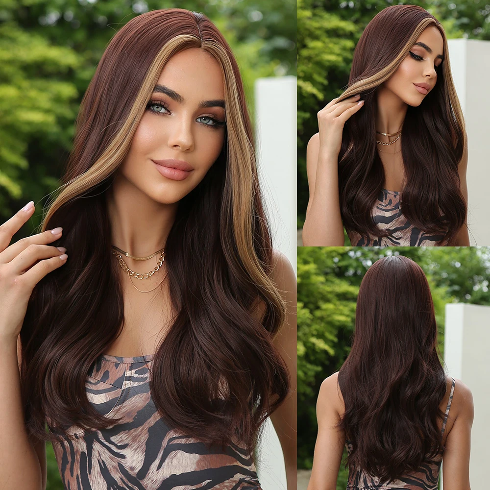 

Crafтуристический медово-коричневый со светлым хайлайтером и челкой, длинные коричневые парики для женщин, термостойкие синтетические парики для ежедневного использования