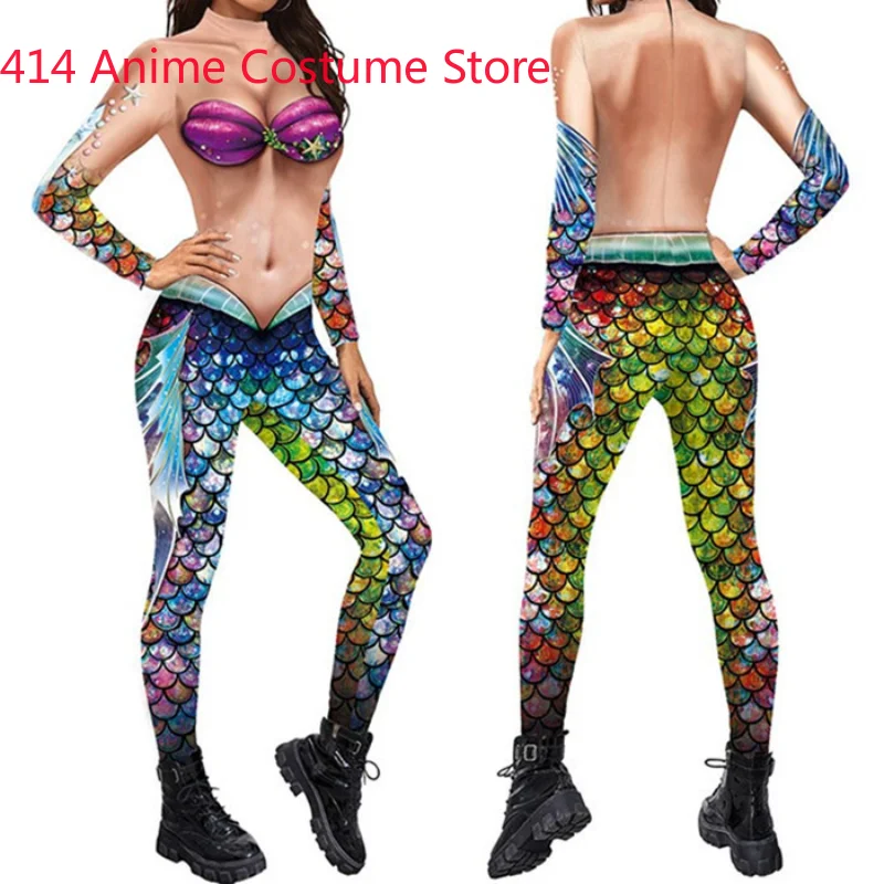 Halloween Frauen Tier Fischs chuppen drucken Overall Cosplay Kostüm Langarm schlanke Bodysuit Party Performance Kleidung