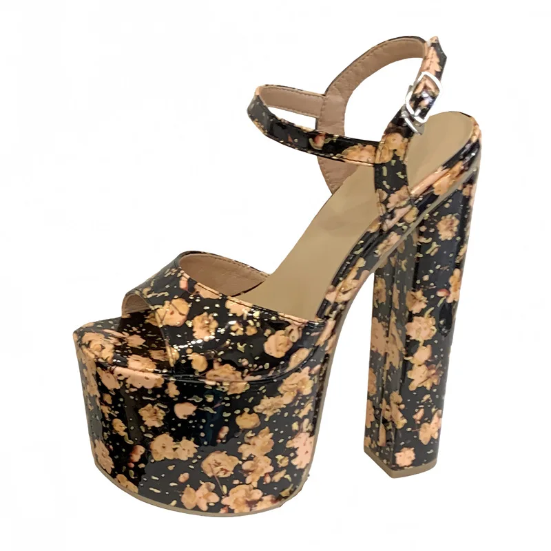 2026 New 18cm Fashion Sexy Platform Design Pattern Totem Peep Toe Buckle Strap Women Sandals Party Square High Heels Shoes